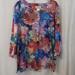 Alfred Dunner 1X Colorful Vibrant Floral Lace Inset 3/4 Sleeve Top Boho Blouse